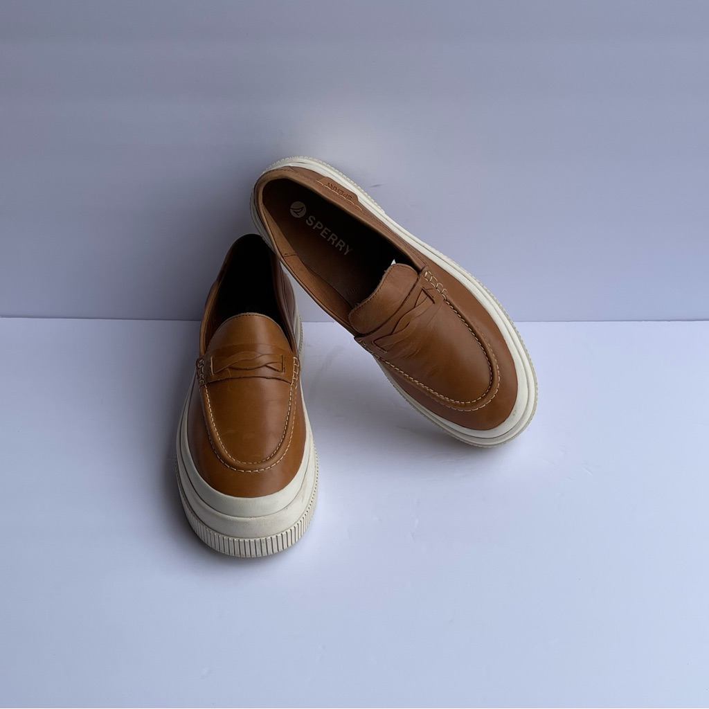 Sperry Highland Platform Penny Loafer Tan Leather Size 8.5 --Preowned No Box